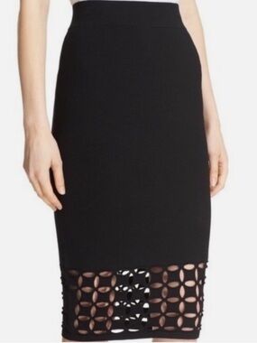 MILLY - Black Midi Pencil Skirt with Laser-Cut Panel